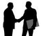 Two businessmen shaking hands and one holding folder with contract