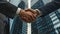 Two businessmen shaking hands photo blurred skyscraper office background, Generated AI