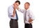 Two businessmen in shirts, troubled, one consoling, comforting a