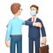 Two businessmen wearing protective face masks greeting bumping elbows. 3D illustration of the healthcare concept