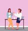 Two businesswomen communicate, coffee break. Colleagues, employees in office interior. Flat image