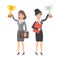 Two businesswomen holding cup and smiling