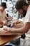 Two butchers preparing meat,cuts of meat in a butcher\'s shop, ve