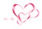 Two calligraphically painted hearts and Love You text on a white background, pink shadow, horizontal
