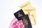 Two Canadian passports with yellow immunity vaccination records, face protective masks and sanitizer. Safety measures against