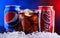 Two cans of world`s most popular soft drinks: Coke and Pepsi