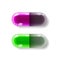 Two capsule or pill purple and green of realistic isolated on light background. Matrix, medicine, tablet, capsules, drug of
