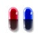 Two capsule or pill red and blue of realistic on light background. Matrix, medicine, tablet, capsules, drug of