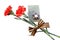 Two carnations, the Order of the Red Star, a military book and St. George ribbon on a white background. Isolated items
