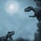 Two carnivorous dinosaurs at night in moonlight