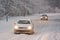 Two Cars Driving in Snow