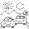 Two cars with kids, mountain and sun