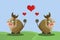 Two cartoon bulls with a nose ring in a clearing look at each other. Valentine.