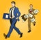Two cartoon businessmen over a yellow background, one smart and organised carrying a briefcase and the second rushing