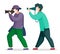 Two cartoon characters, photographers or paparazzi with photocameras isolated at white background