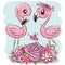 Two Cartoon Flamingos on a blue background