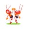 Two cartoon funny ants in a team greet each other. The concept of cooperation. The orange fire insect builds a nest and