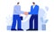 Two cartoon male person smiling shaking hands having offer to new job vector flat illustration