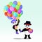 Two cartoon panda bear with birthday balloons and gifts. Birthday background.