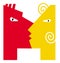 Two cartoon profiles, male and female, red and yellow. Man and Woman. Simple stylish drawing, logo.