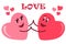 Two cartoon red hearts happily holding hands