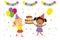 Two cartoon schoolgirls holding big cake and balloons. Multi ethnic girls holds birthday cake with candles. Celebration event