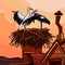 Two cartoon storks in the nest on the roof of the house