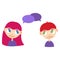 Two cartoon style kids, comics speak bubbles with empty space for text. Girl and boy talking, asking and answering questions, advi