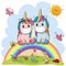 Two Cartoon Unicorns are sitting on the rainbow