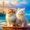 Two cat buddies are sitting against the background of the sea and the ship