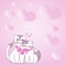 Two cats cuddling tied together with bow and hearts in the background display love and harmony among lovers. Heart