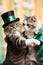 Two cats dressed in green and black standing next to each other, AI