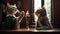 Two cats dressed in robes and holding candles next to a candle, AI