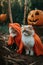 Two cats dressed up for halloween with pumpkins in the background. Generative AI image.