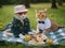 Two cats enjoying picnic trip in the green land