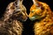 Two cats facing each other on black background. Generative AI
