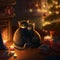 Two cats hug in a cozy room near the fireplace on New Year's Day. Year of the Cat. Christmas tree with lighting