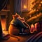 Two cats hug in a cozy room near the fireplace on New Year's Day. Year of the Cat. Christmas tree with lighting