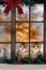 two cats / kittens sitting at the window with Christmas decorations, at night