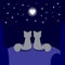 Two cats in love are sitting on a hill in the moonlight in the shape of a heart, vector illustration, romance under the