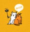 Two Cats Making Photo Using Selfie Stick. Funny Animal Illustration On Distressed Background