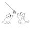 Two cats play with a toy rod with feathers for teasing. Vector outline icon