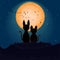 Two cats silhouettes on fullmoon background. Romantic love cats under night sky with many stars and orange moon.