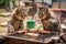 Two cats standing at a barbecue grill and cooking meat. Created with Generative AI