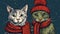 Two cats wearing scarves and hats, AI