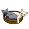 Two cats, white and black curled up in a basket. cartoon character for decoration in pet artwork advertising, clip art, textbook