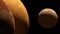 Two celestial planet bodies against black backdrop of space. Larger body dominates frame with its reddish hue and visible craters