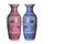 Two ceramic color vases, beautiful large blue and white, red and blue ceramic vases on white background, object, decor, retro,