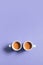 Two ceramic cups of espresso coffee. Top view. Minimalistic vertical stock photo in very peri color