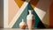 Two ceramic vases on pastel geometric background mock-up wallpaper